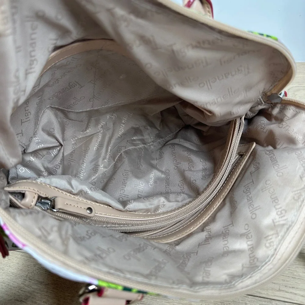 Tignanello Satchel Handbag White Pink Green Floral Leather Cottagecore Y2K Purse